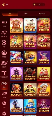 The PE7 slot lobby: provider rails for JILI, iN OUT, KB, MINI, BW, TOPBET, PG, JDB and MG down the left edge, All / Hot / Recent filter tabs across the top, and a grid of slot tiles including Ganesha Fortune, Lucky Neko, Fortune Tiger, Treasures of Aztec, Fortune Ox, Dragon Hatch and Ninja vs Samurai.