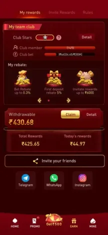 PE7's My rewards screen: a My team club panel showing club stars, club members and club bet progress, a My rebate carousel listing Bet Rebate up to 0.3%, First deposit rebate 5% and Invite rewards up to ₹6000, a withdrawable balance with a Claim button, an Invite your friends row with Telegram, WhatsApp and Instagram share buttons, and a Get ₹500 spin wheel in the bottom bar beside HOME, PROMO, EARN and MINE.